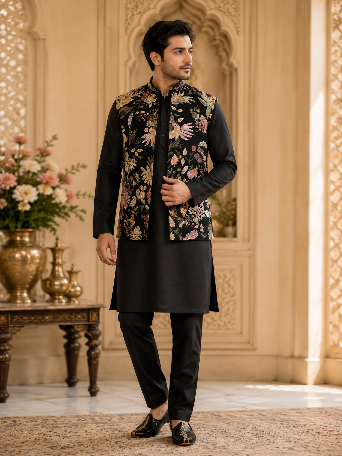 Black Floral Embroidered Jacket Set
