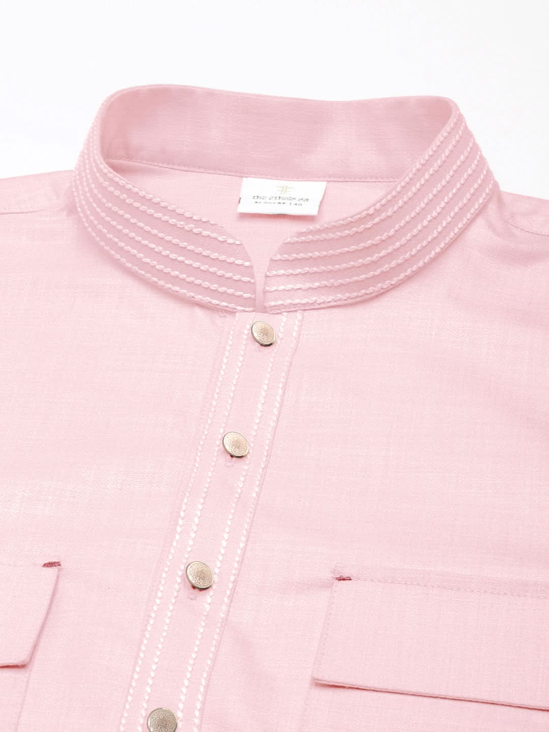 Baby Pink Pure Cotton Pathani Kurta Set with Patch pocket