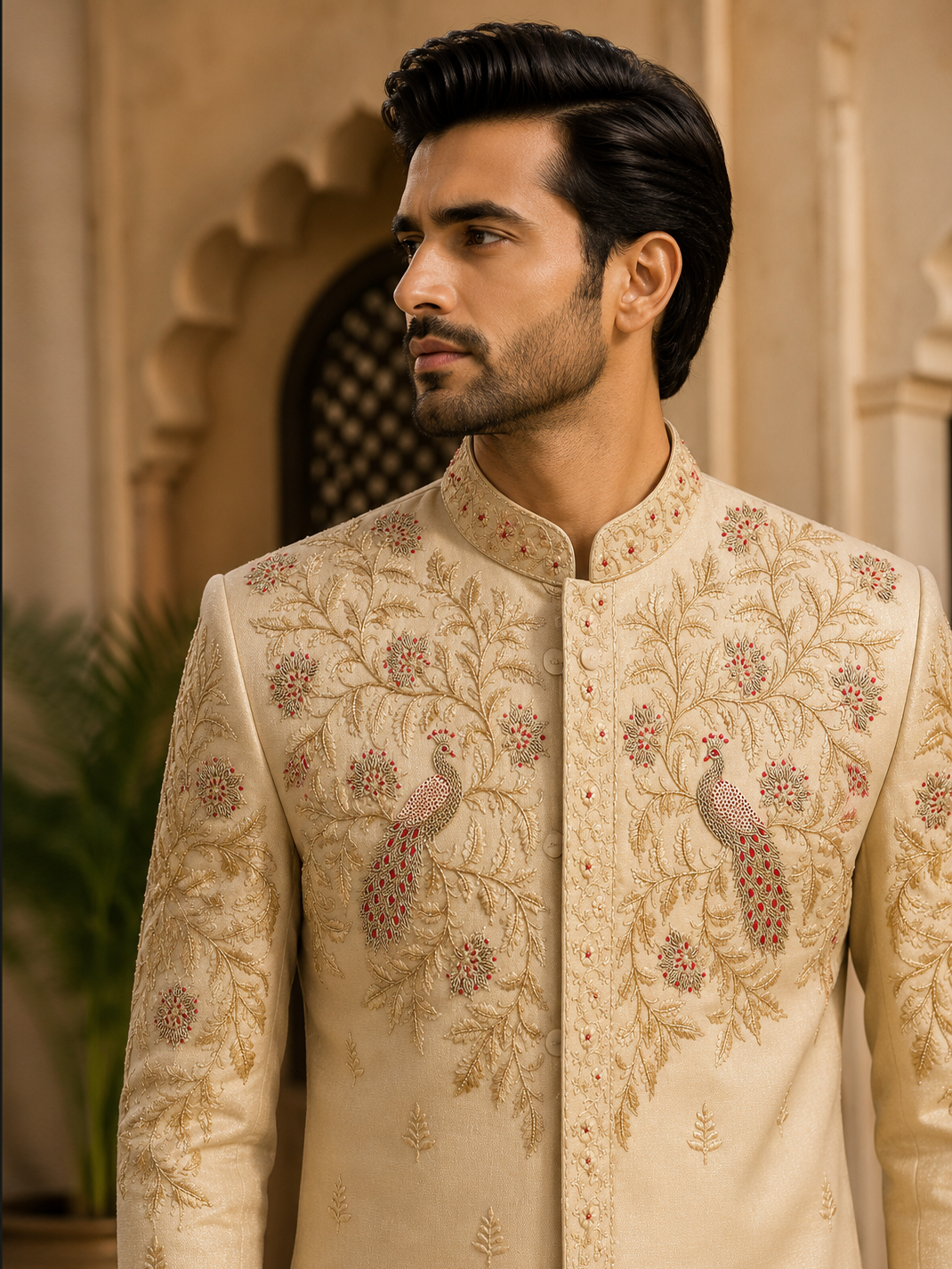 Beige Peacock Floral Embroidered Sherwani Set