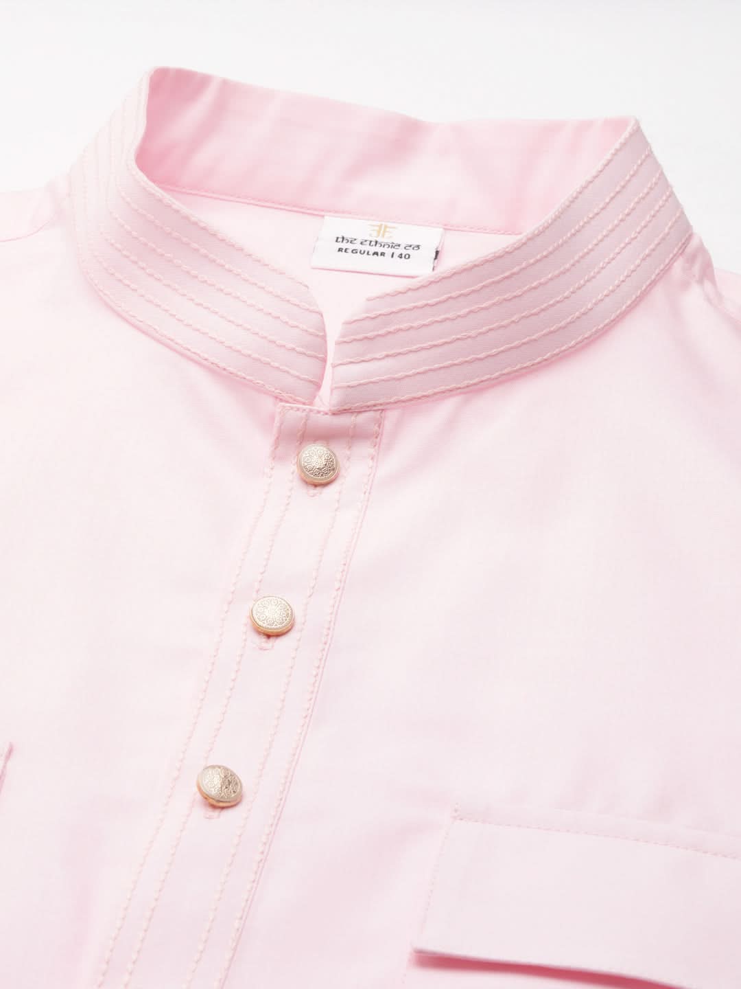 Light Pink Cotton Pathani Kurta Set with Patch pocket