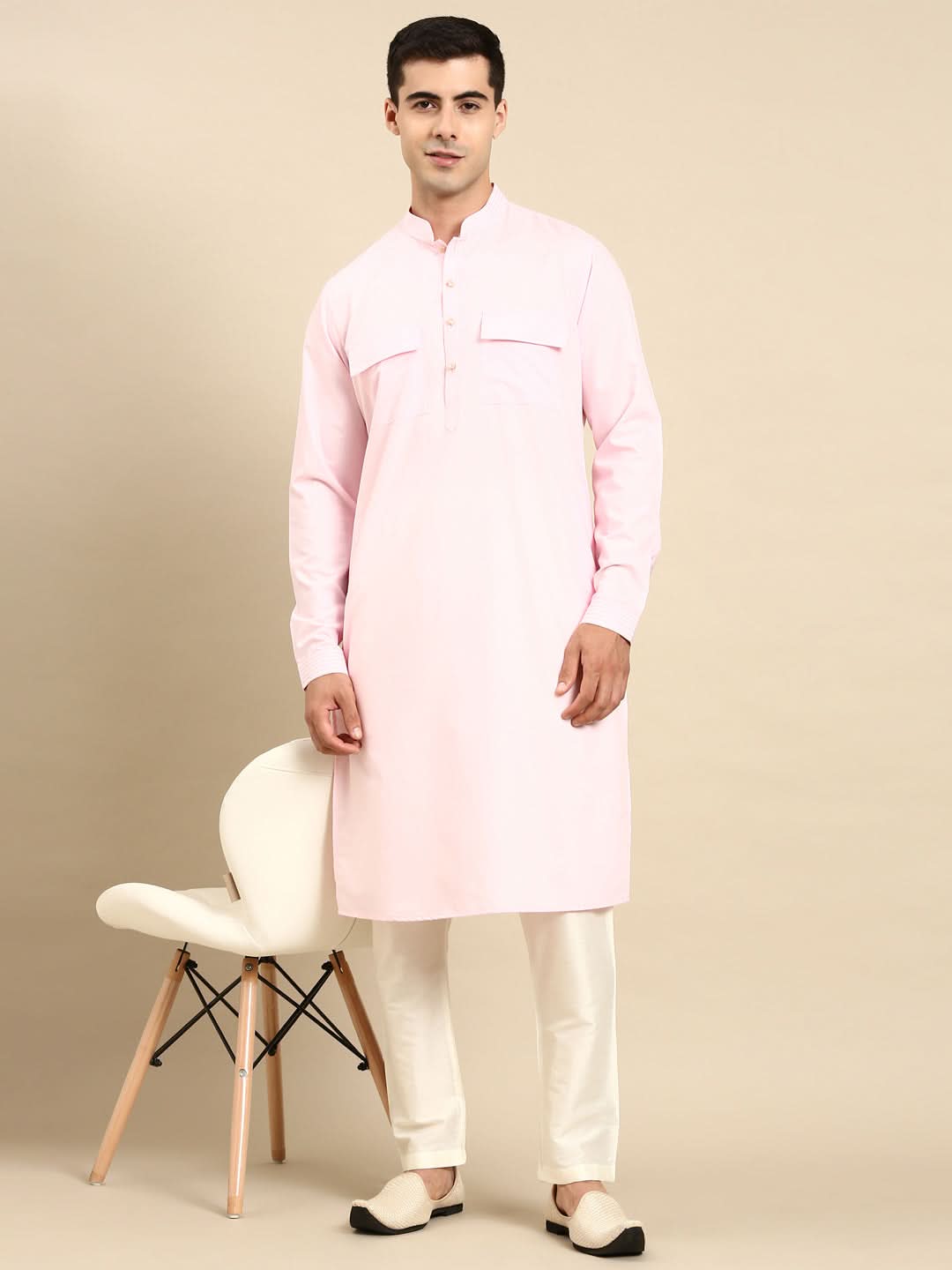 Light Pink Cotton Pathani Kurta Set with Patch pocket