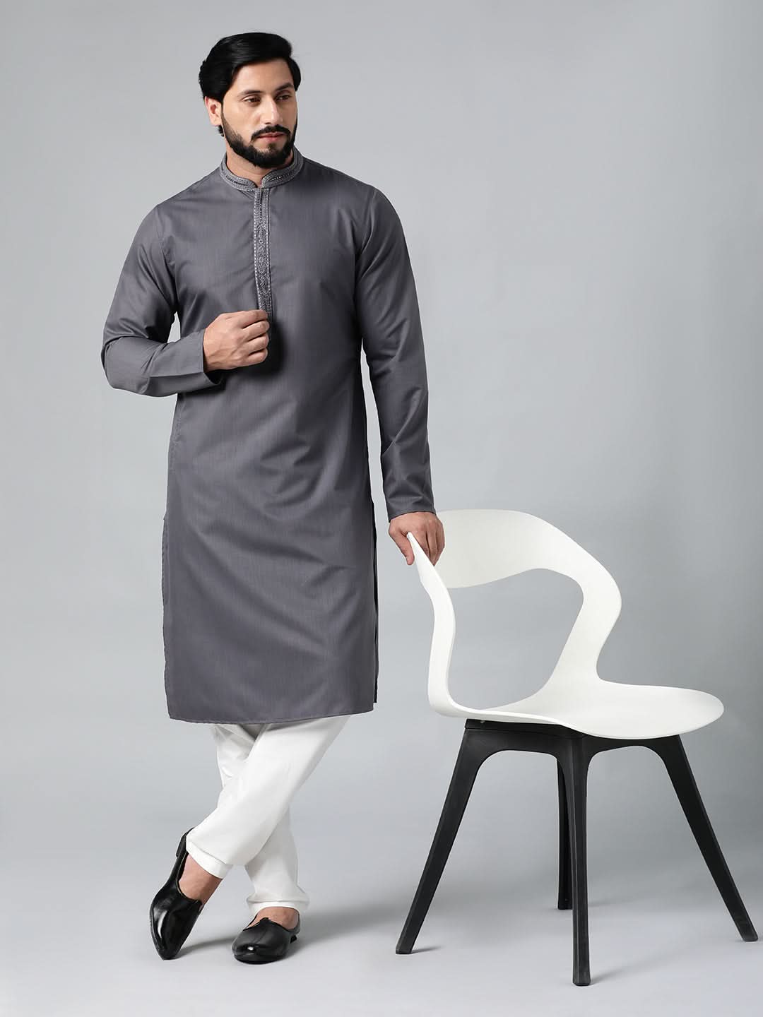 Grey Cotton Dori Embroidered Kurta Set