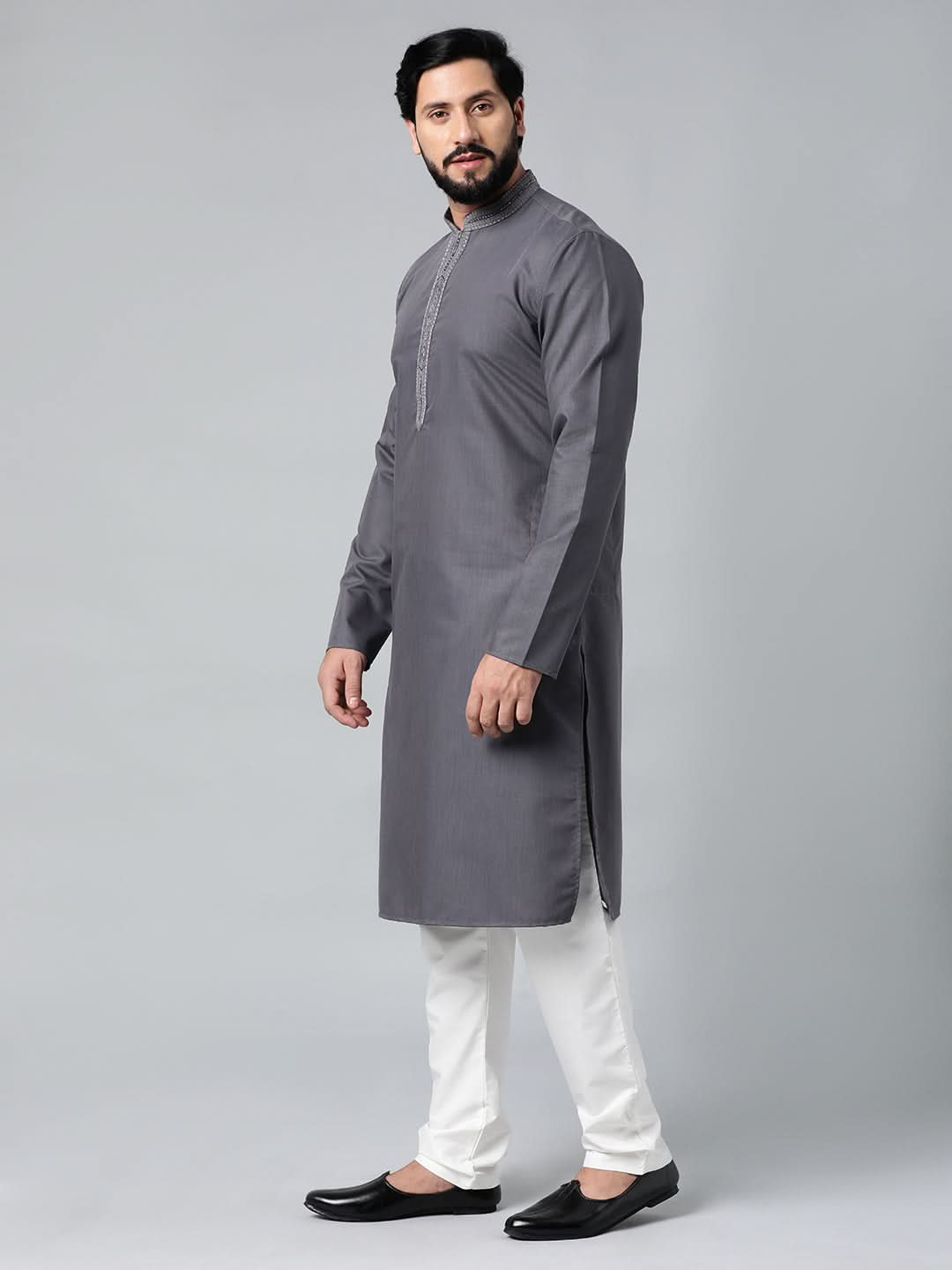 Grey Cotton Dori Embroidered Kurta Set