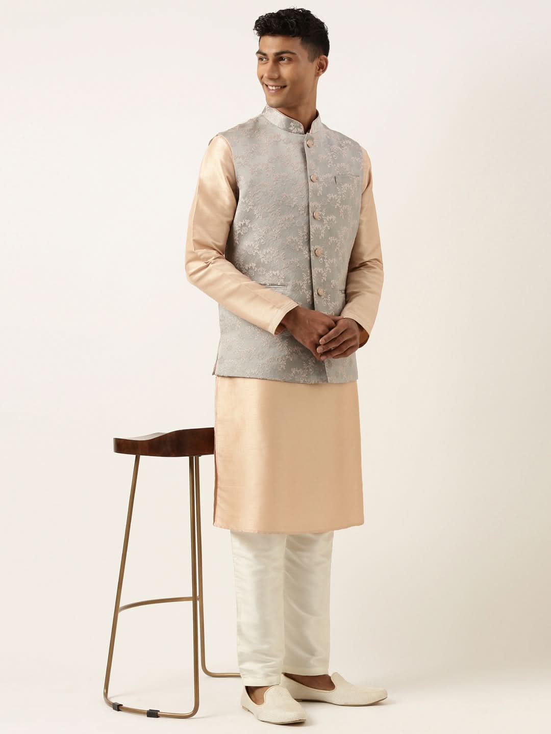 Grey Peach Jacquard Jacket Kurta Set