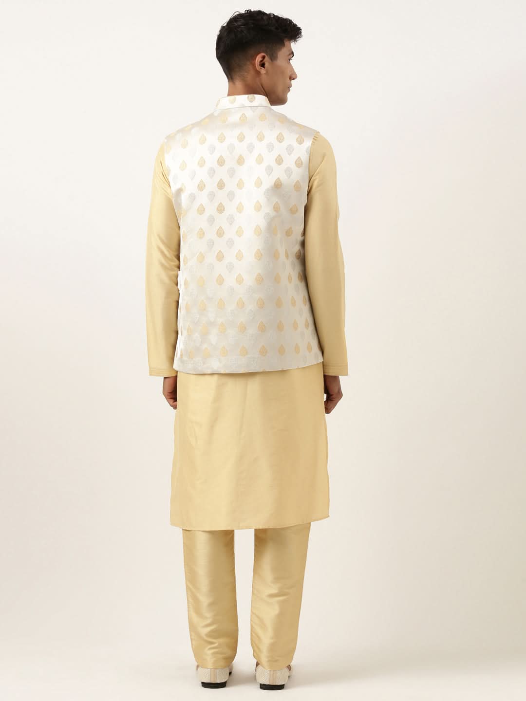 Beige Jacquard Jacket Kurta Set
