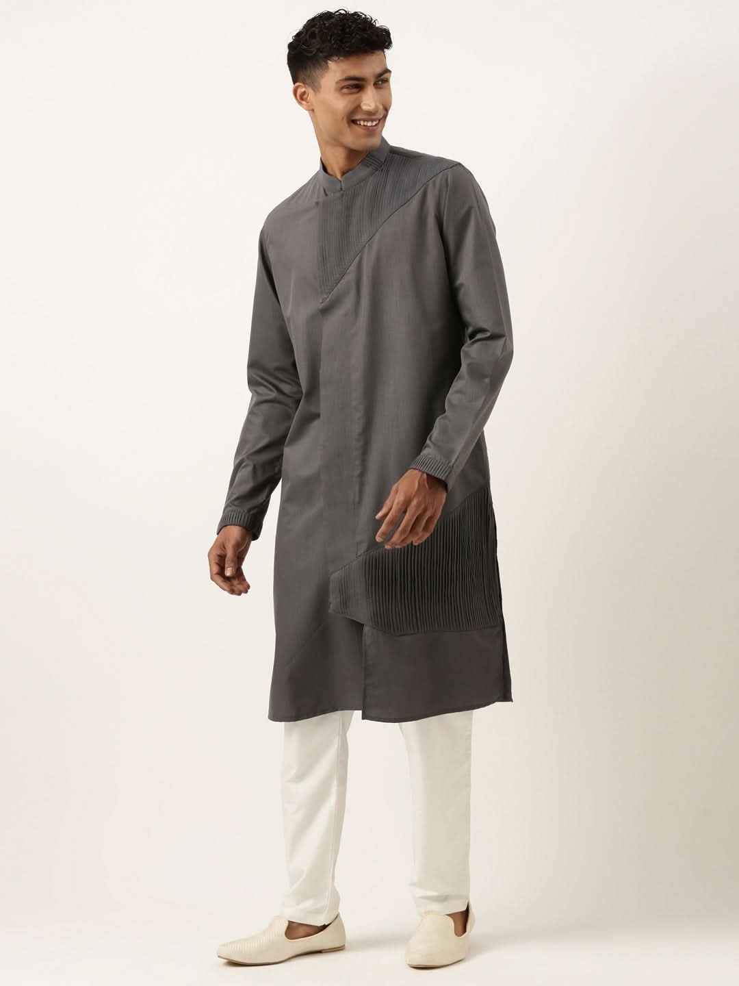Grey Pleated Cotton Kurta Set