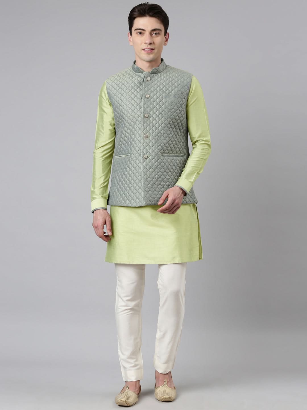 Lime Green Blue Jacquard Quilted Jacket With Short Kurta