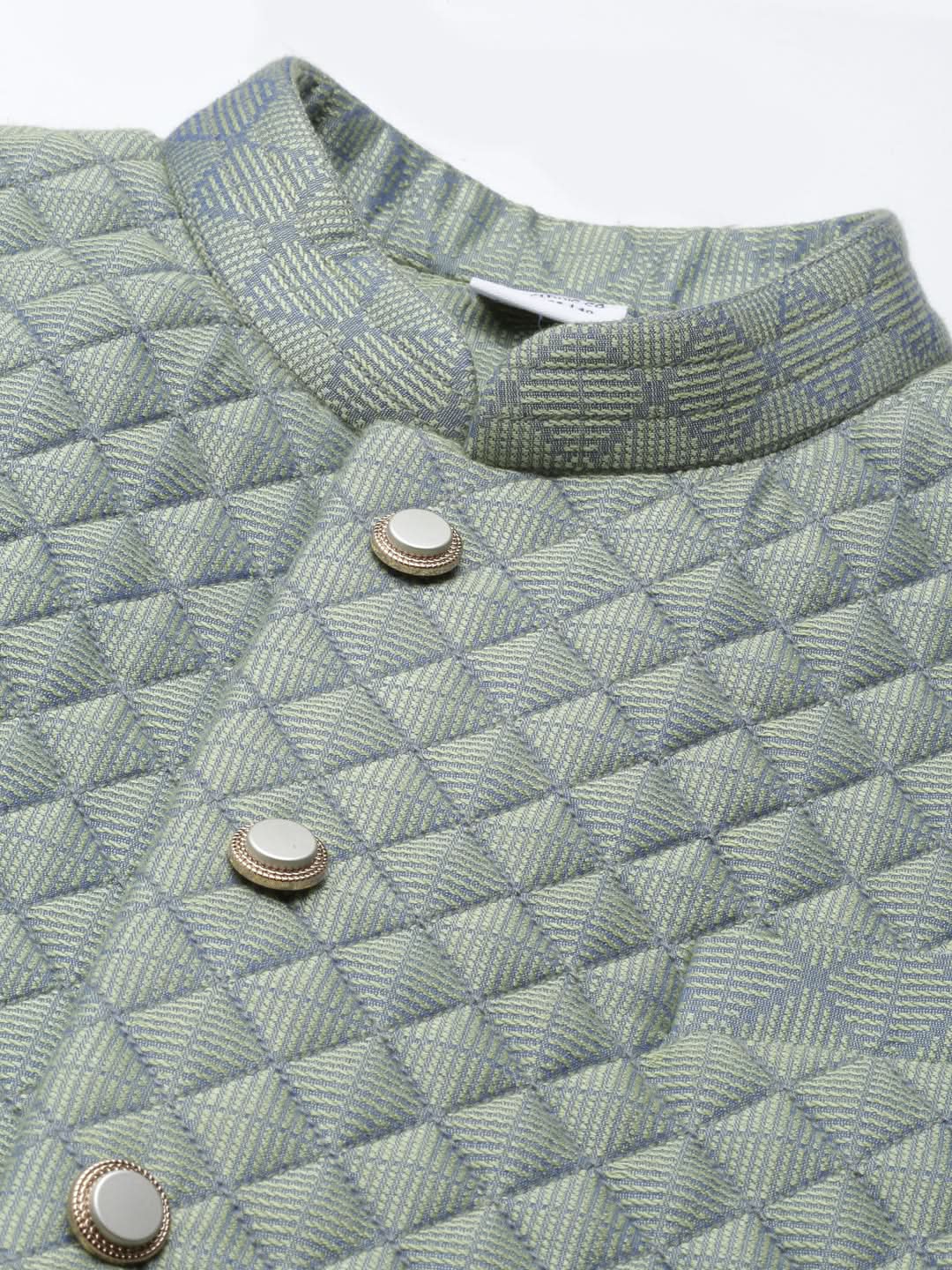 Lime Green Blue Jacquard Quilted Jacket With Short Kurta