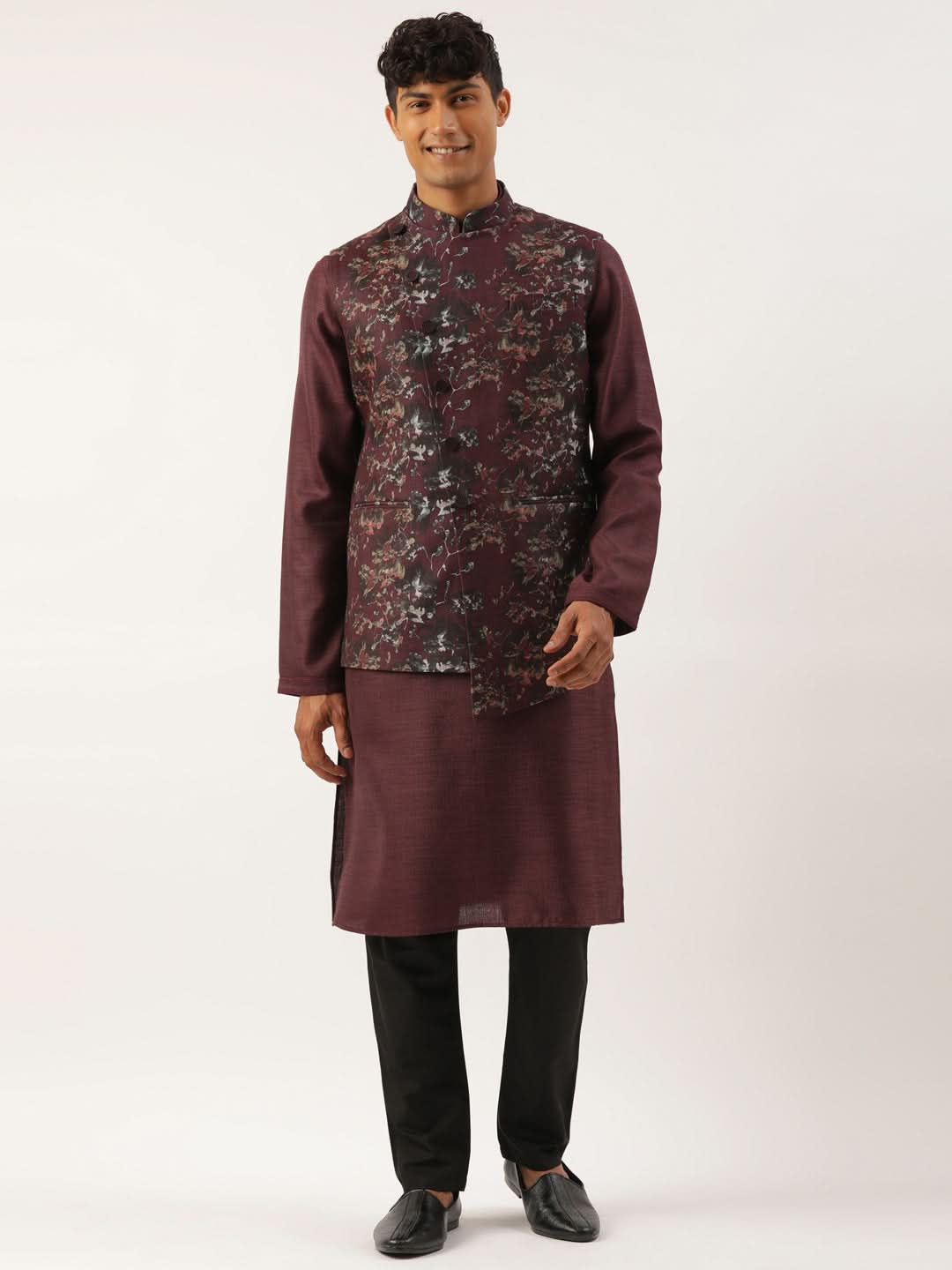 Wine Printed Cotton Jacket Kurta Set