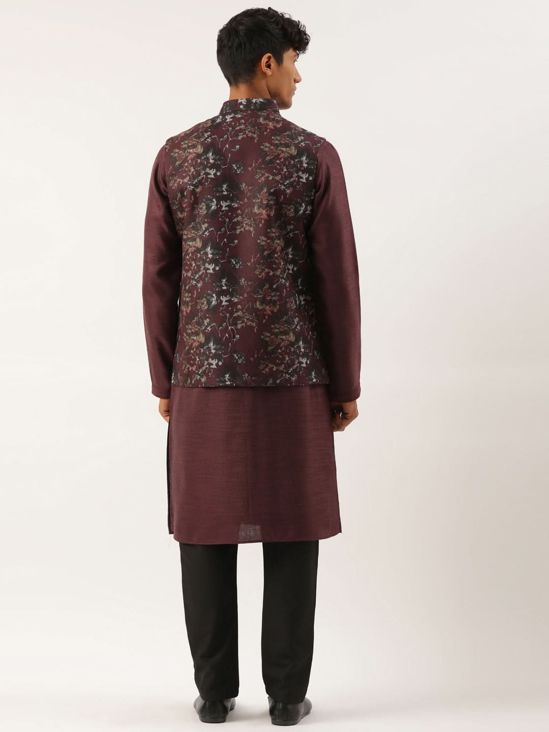 Wine Printed Cotton Jacket Kurta Set