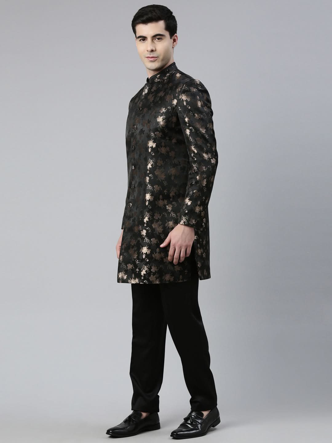Gold Black Jacquard Indo Western with Black Pant