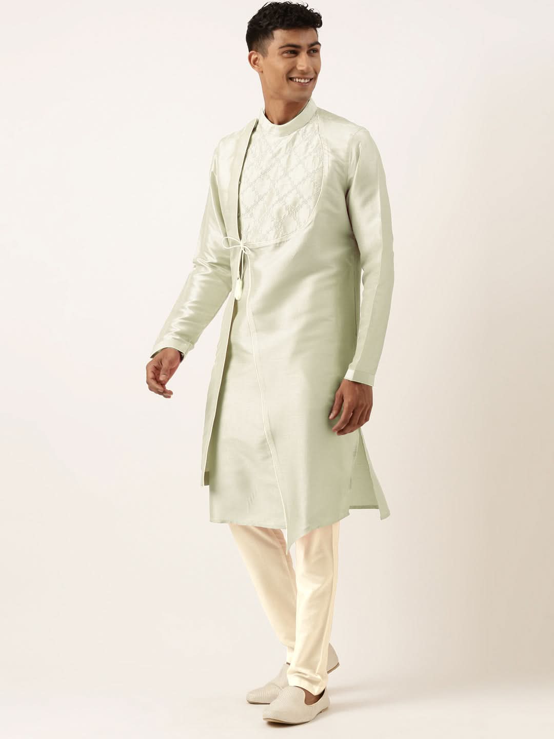Pistachio Green Embroidery Angrakha Kurta Set