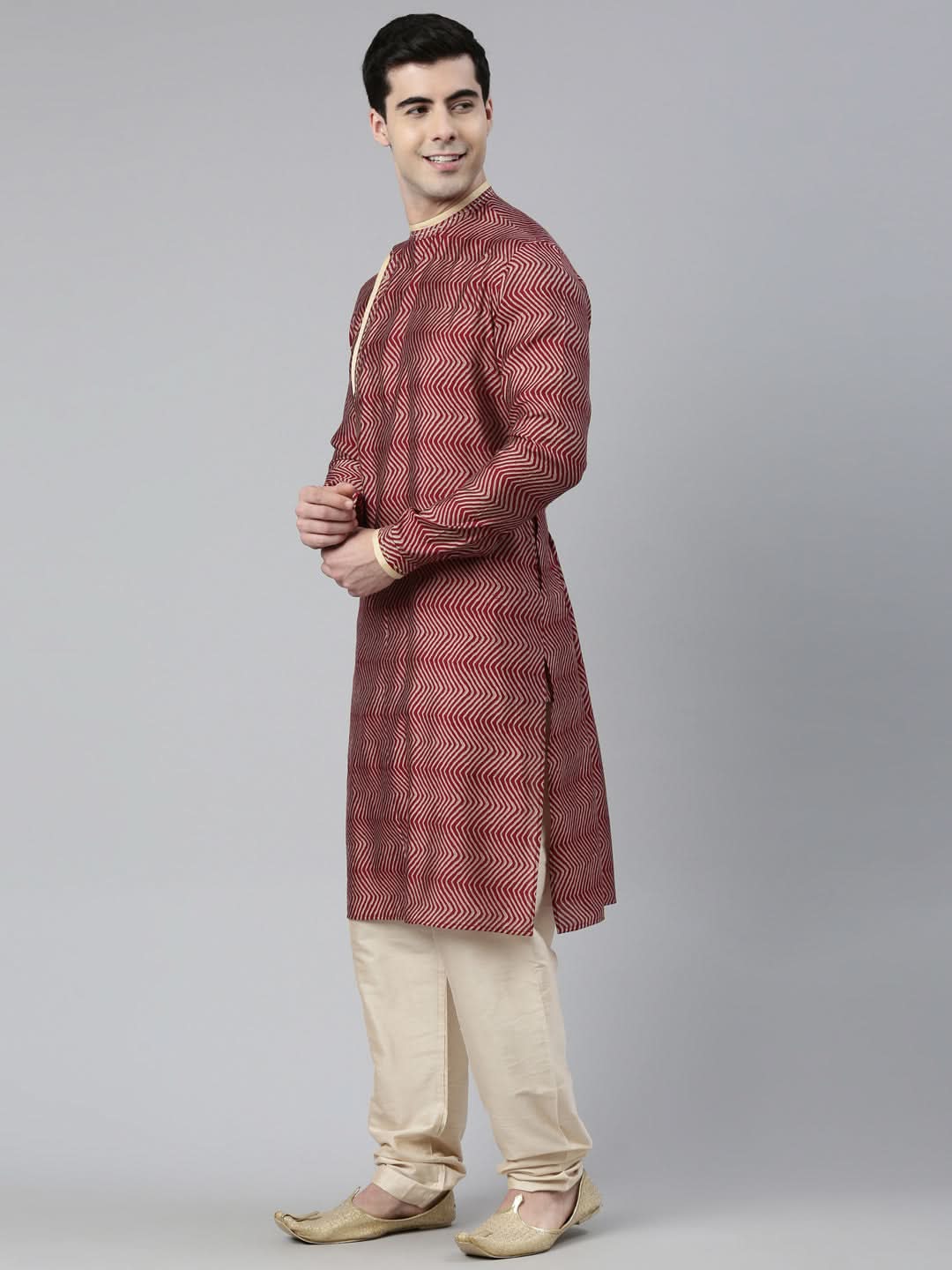 Maroon Harring Bone Block Printed Kurta Set