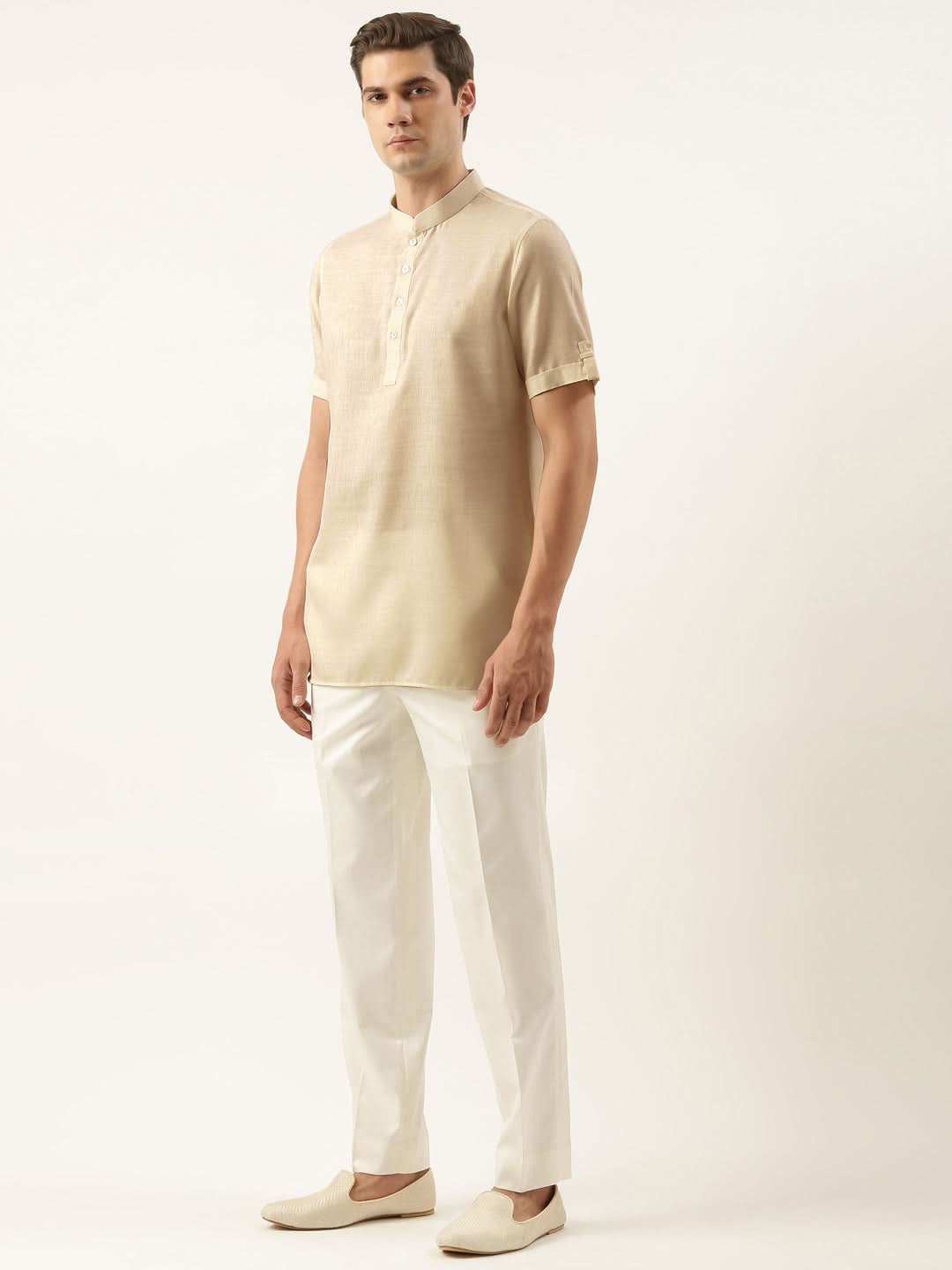 Beige Yellow Cotton Short Kurta Set
