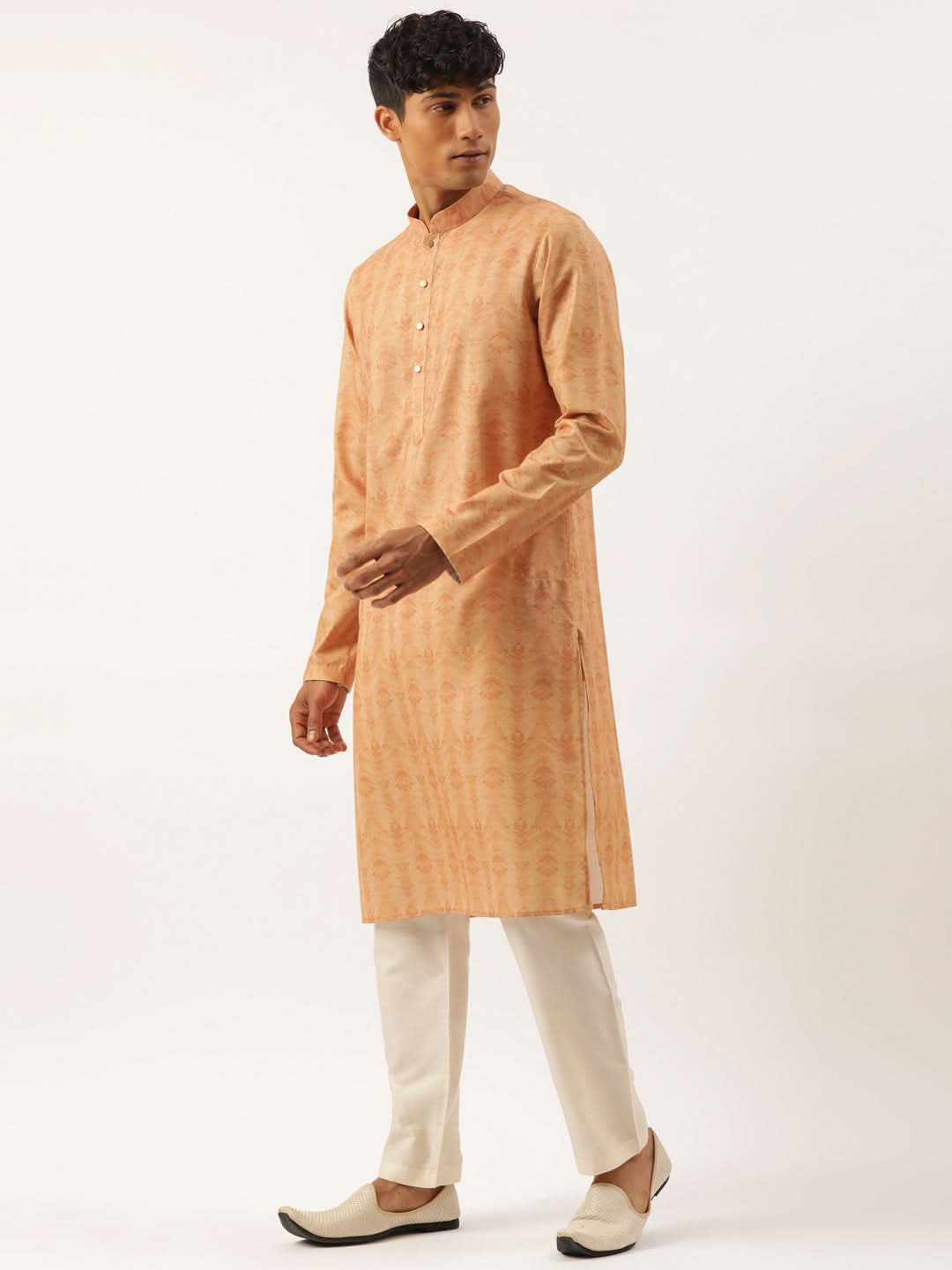 Beige Pleated Bundi With Kurta Set