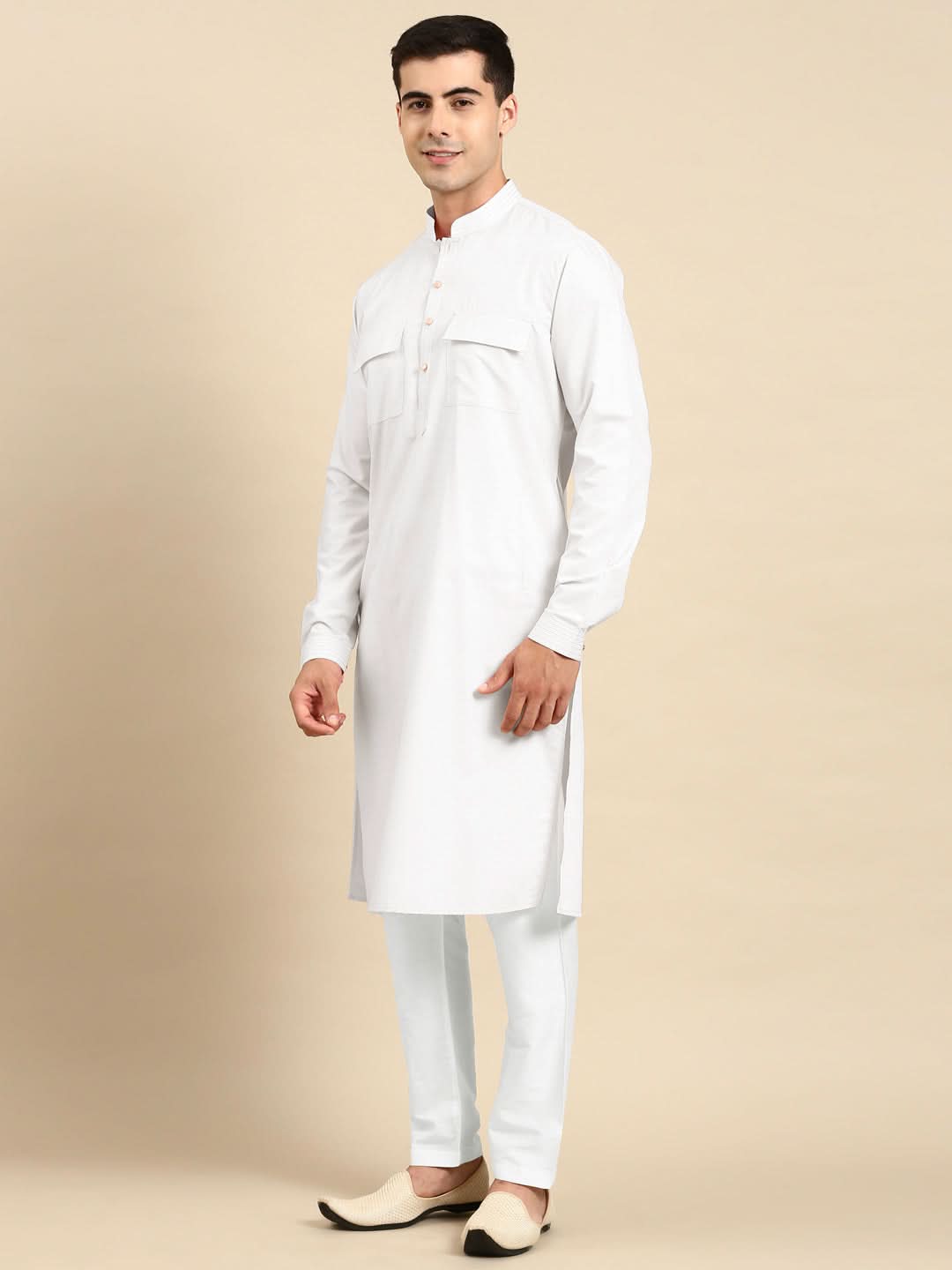 White Cotton Pathani Kurta Set with Patch pocket
