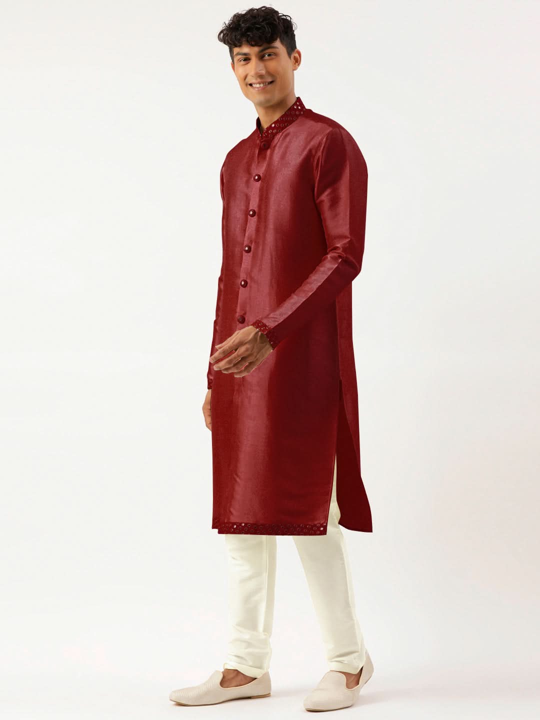 Maroon Mirror Embroidered Indowestern With Kutra