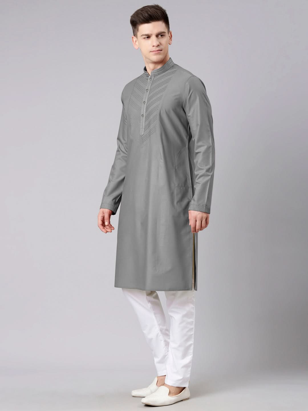 Grey Pleated Cotton Kurta Set