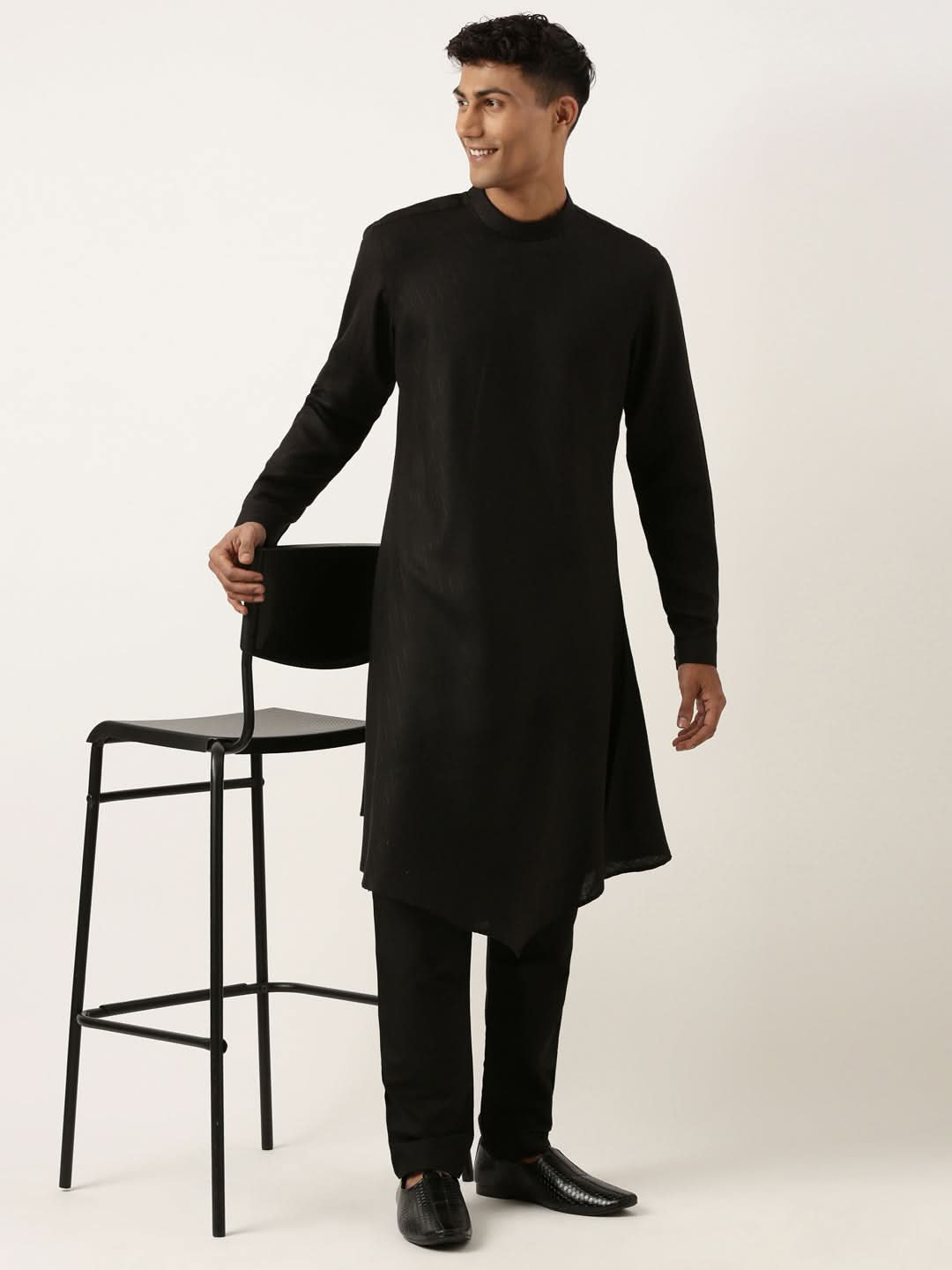 Black Flared Asymetric Drape Kurta Set