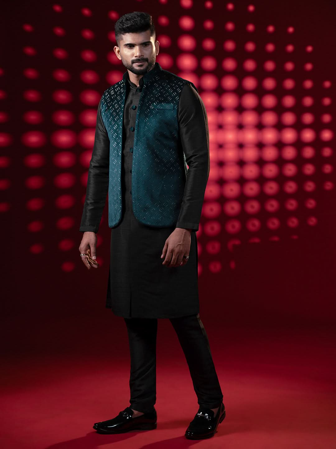 Bottle Green Lazer Cut Jacket Kurta Set