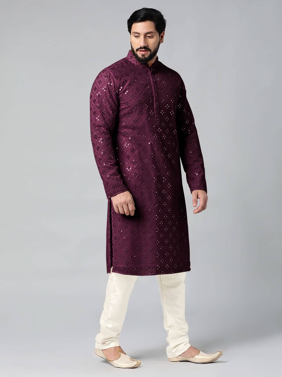 Purple Mirror Embroidery Kurta Set