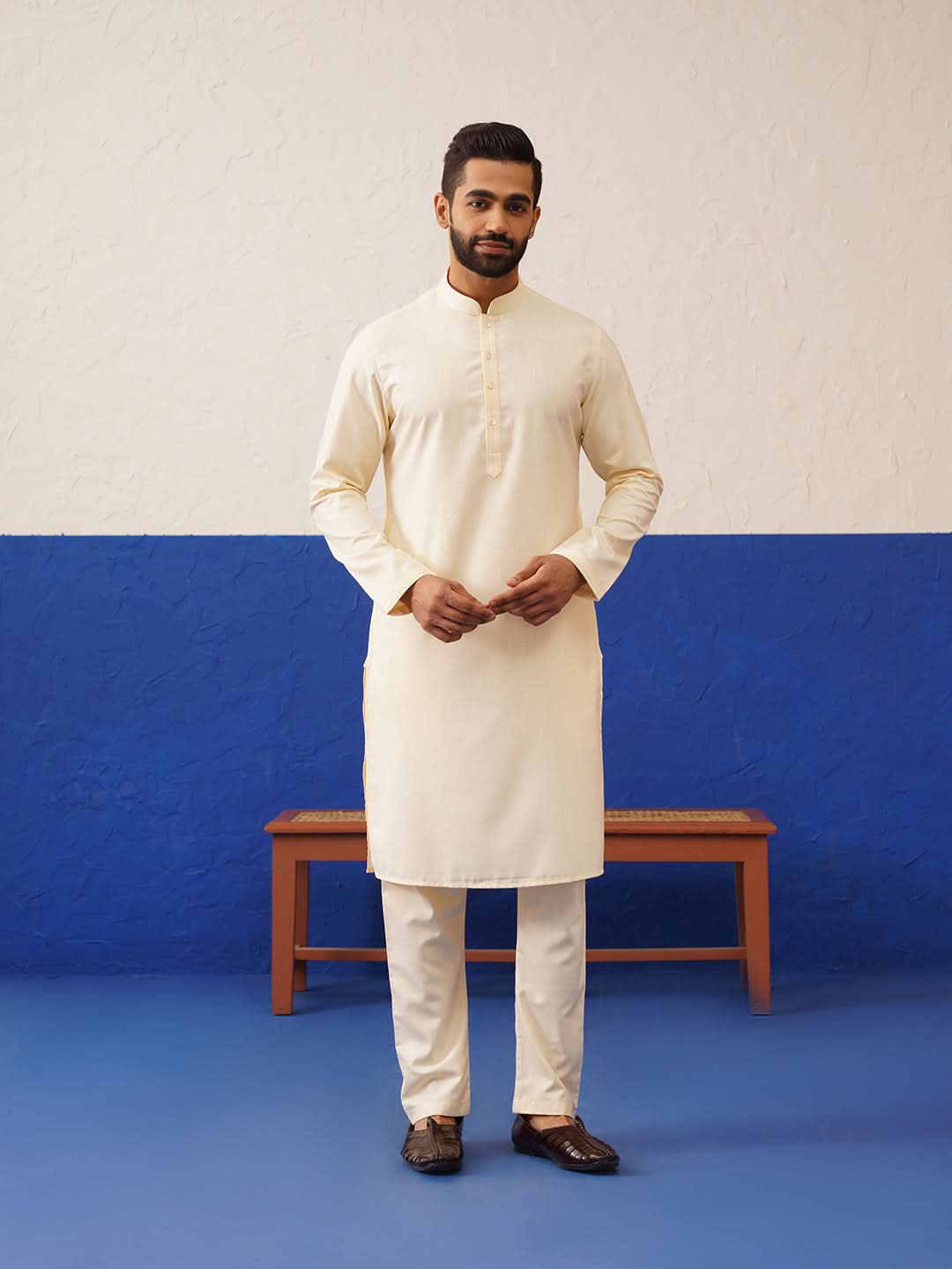 Cream Embroidered Jacket Kurta Set