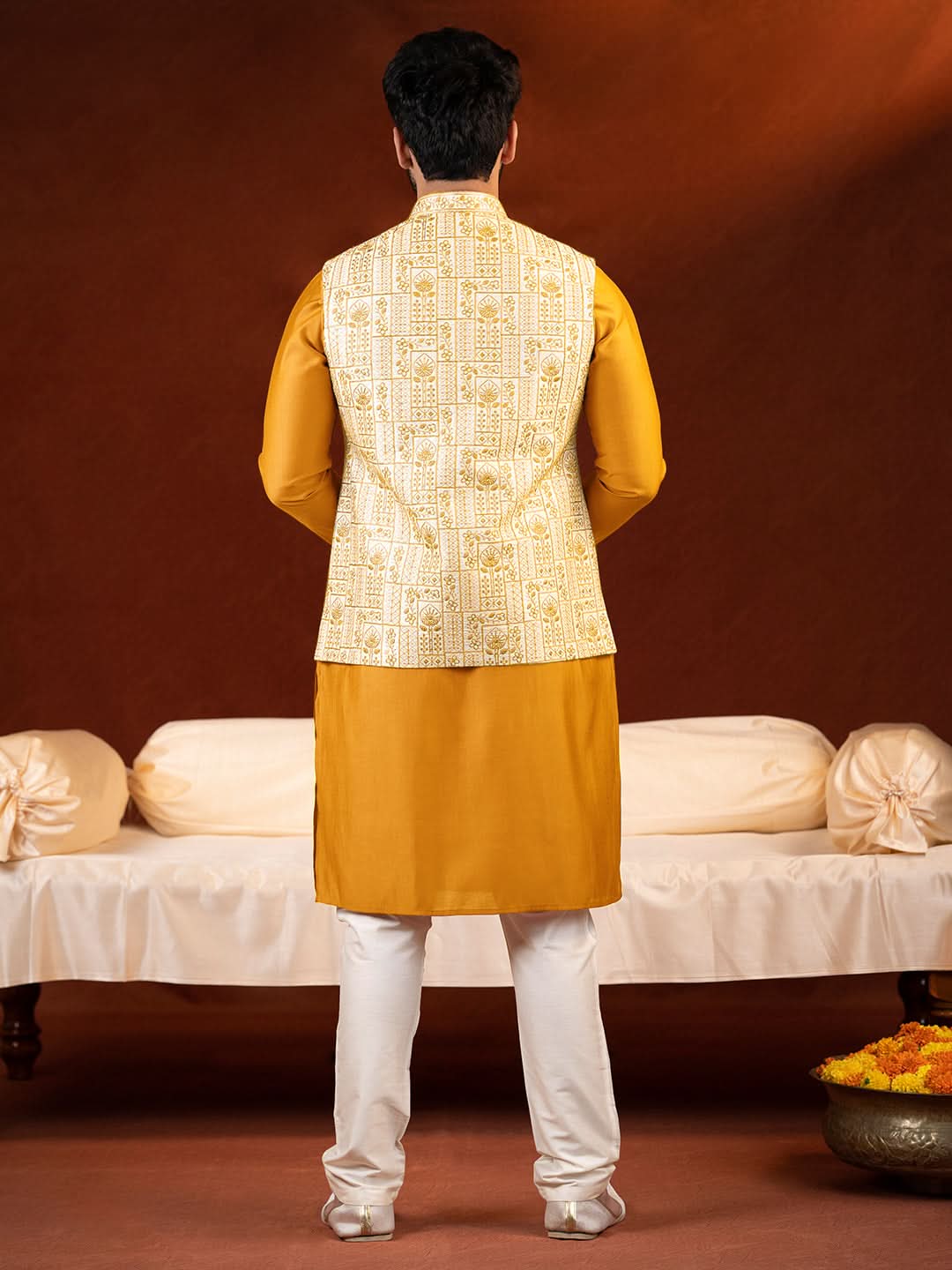 Cream Mustard Embroidered Jacket & Kurta Set