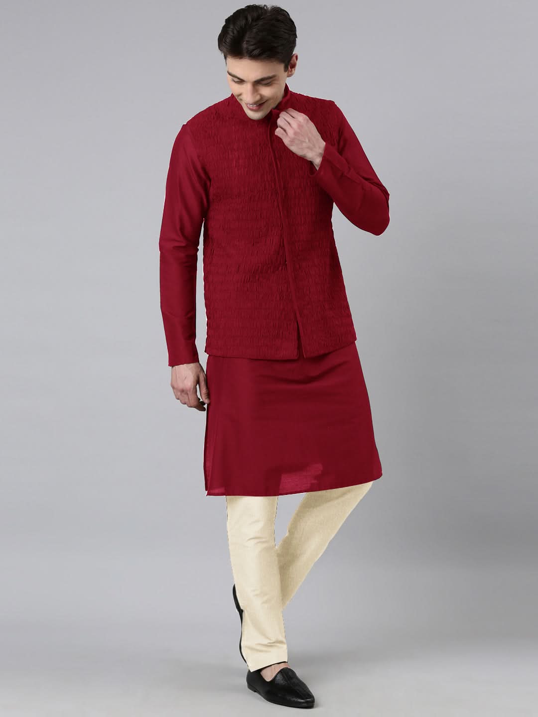 Maroon Ruching Jacket Kurta Set