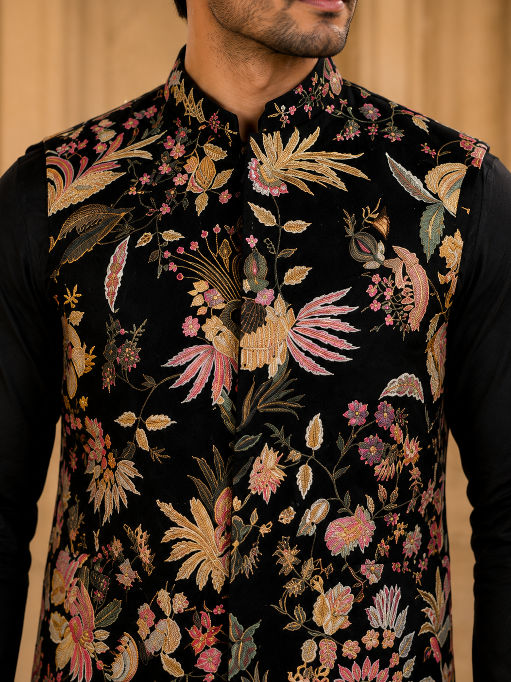 Black Floral Embroidered Jacket Set