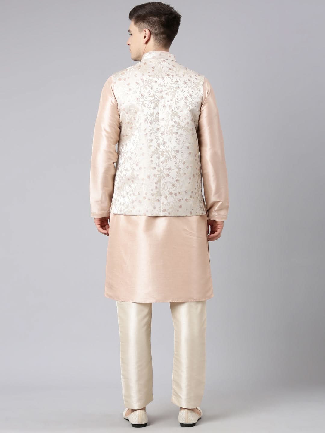 Peach Beige Jacquard Jacket with Kurta Set