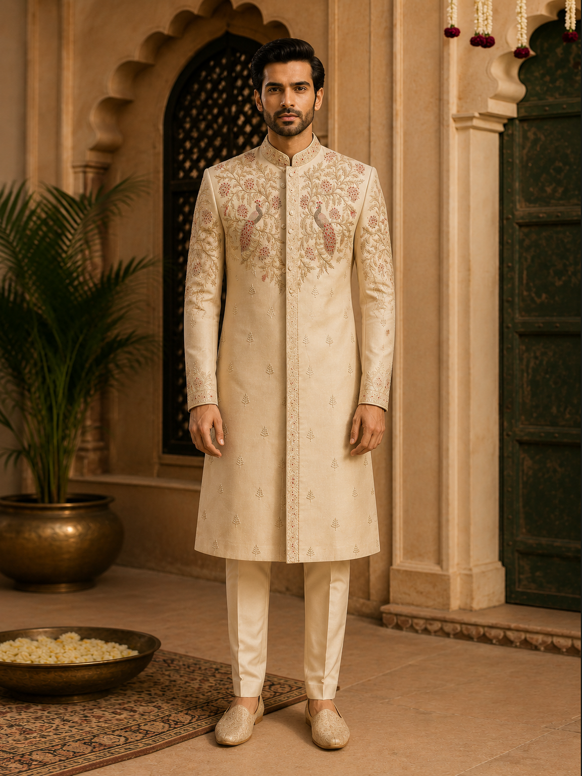 Beige Peacock Floral Embroidered Sherwani Set