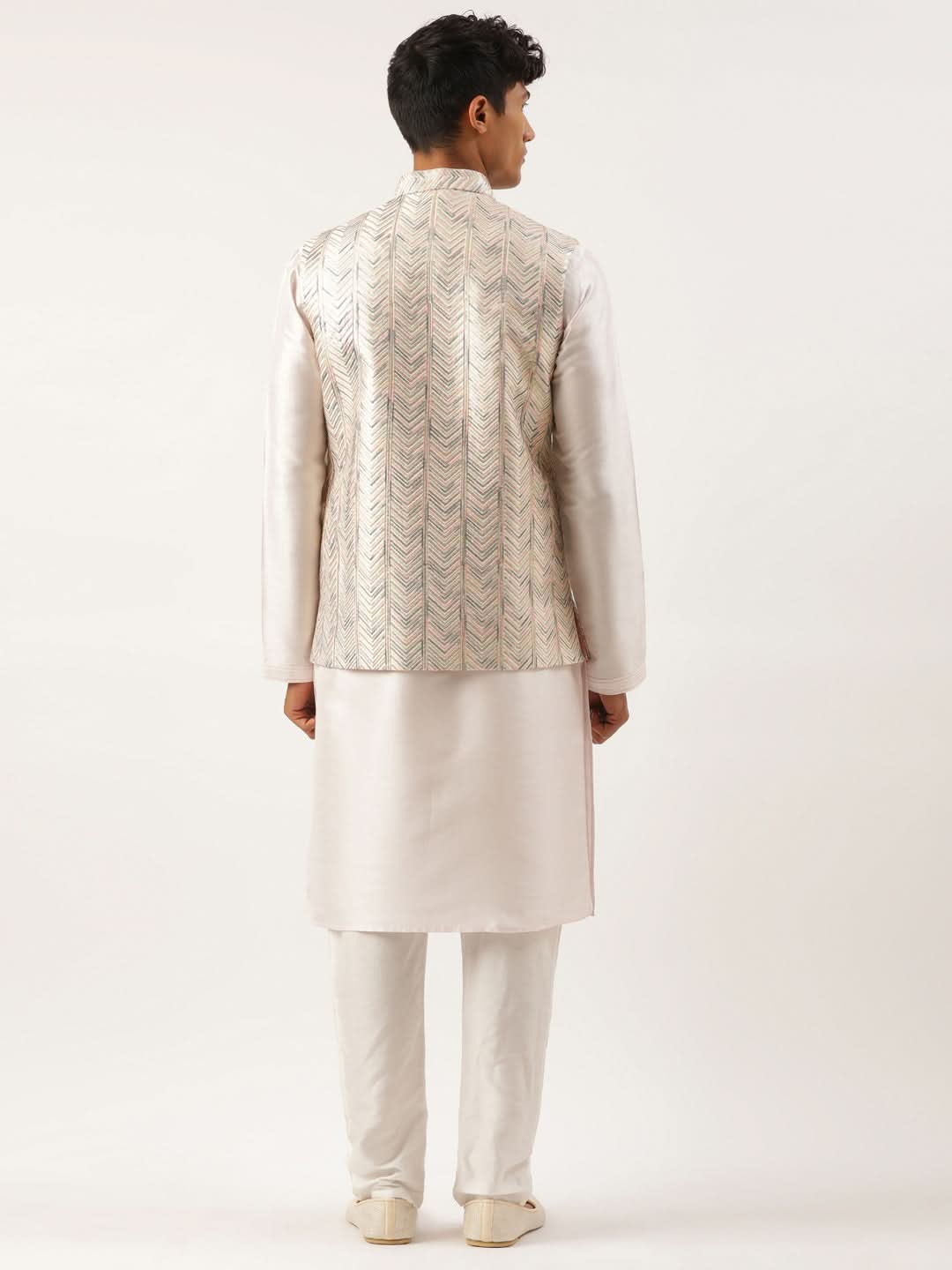 White Multi Color Embroidered Jacket Kurta Set