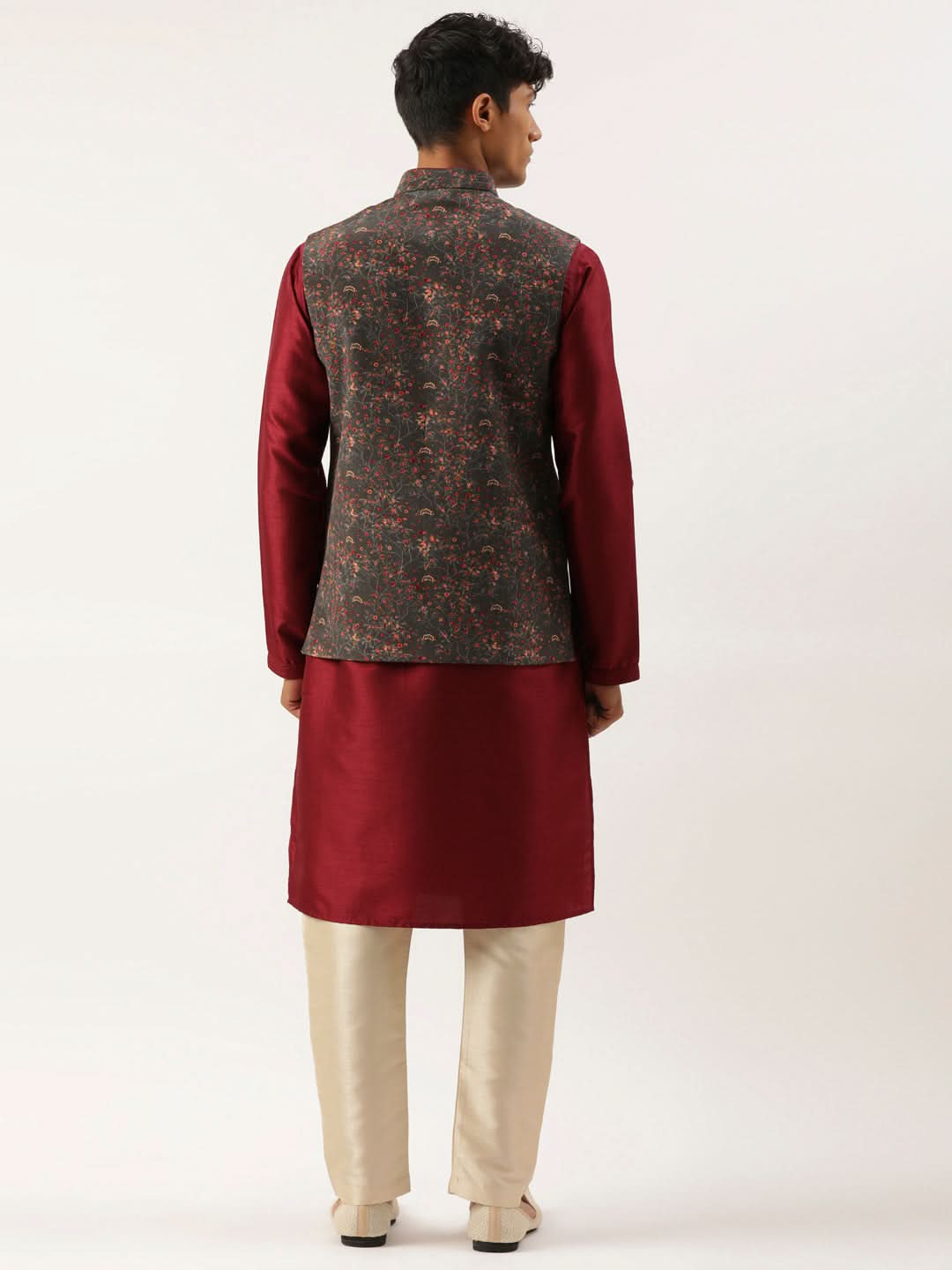Charcoal Grey Printed Jacket With Maroon Kurta Set