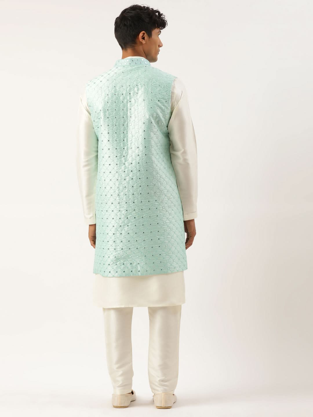 Turquise Mirror Embroidery open Jacket Kurta Set