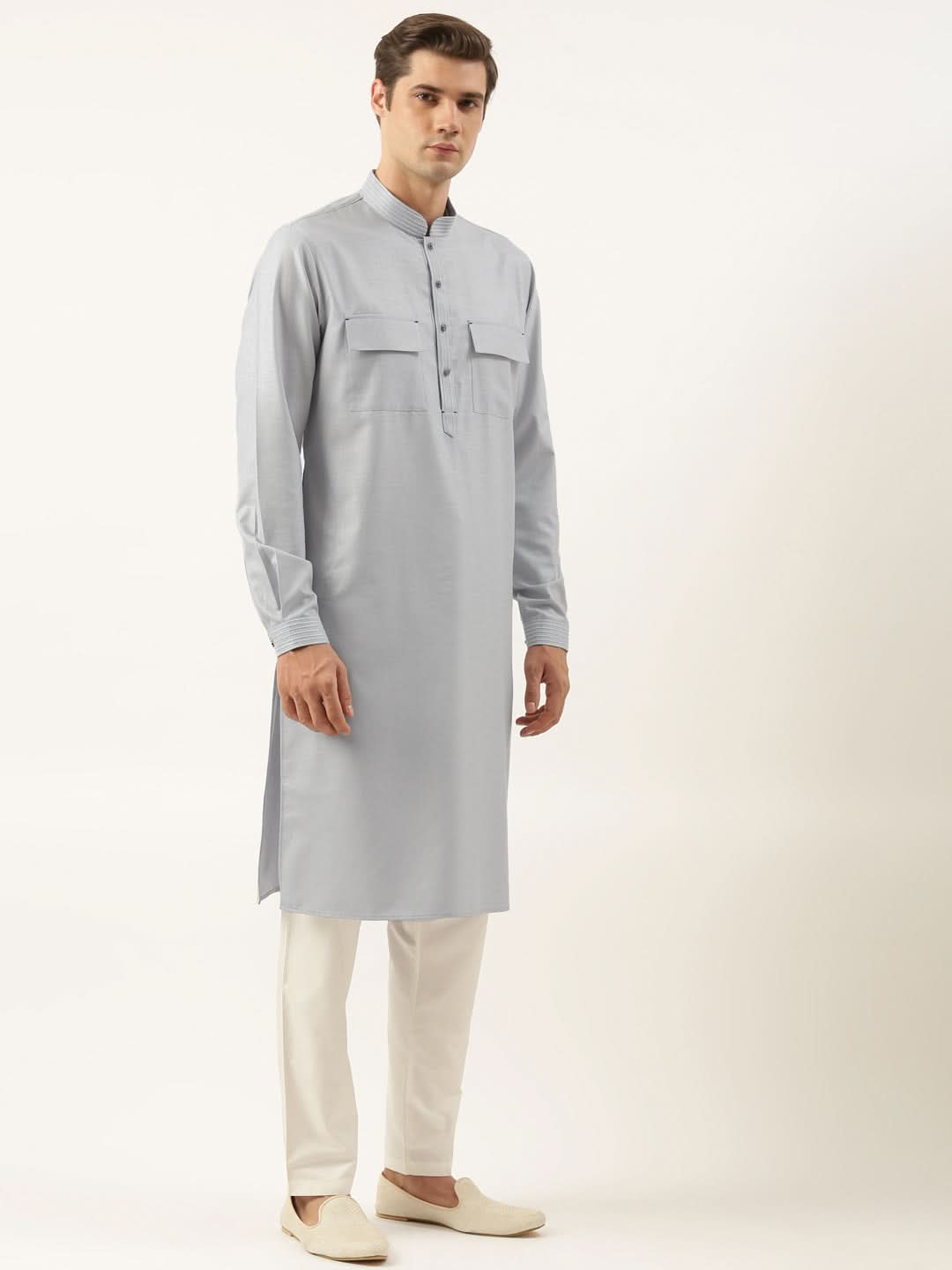 Grey Pure Cotton Pathani Kurta Set with Patch Pocket