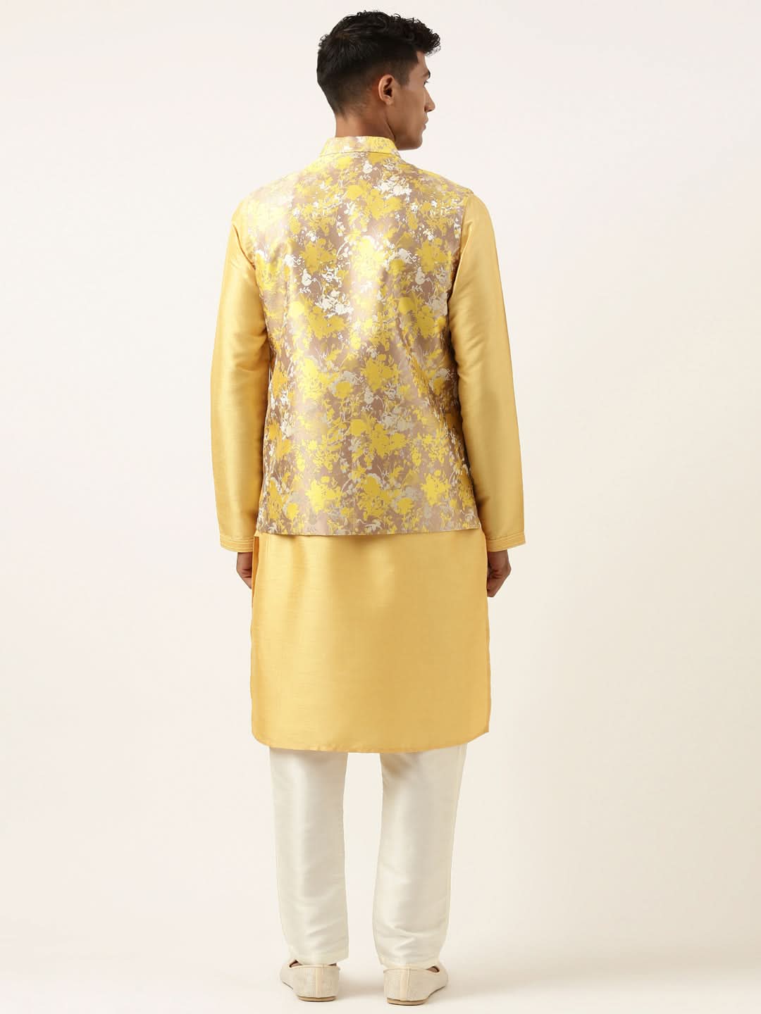 Yellow Floral Jacquard Angrakha Jacket With Beige Kurta