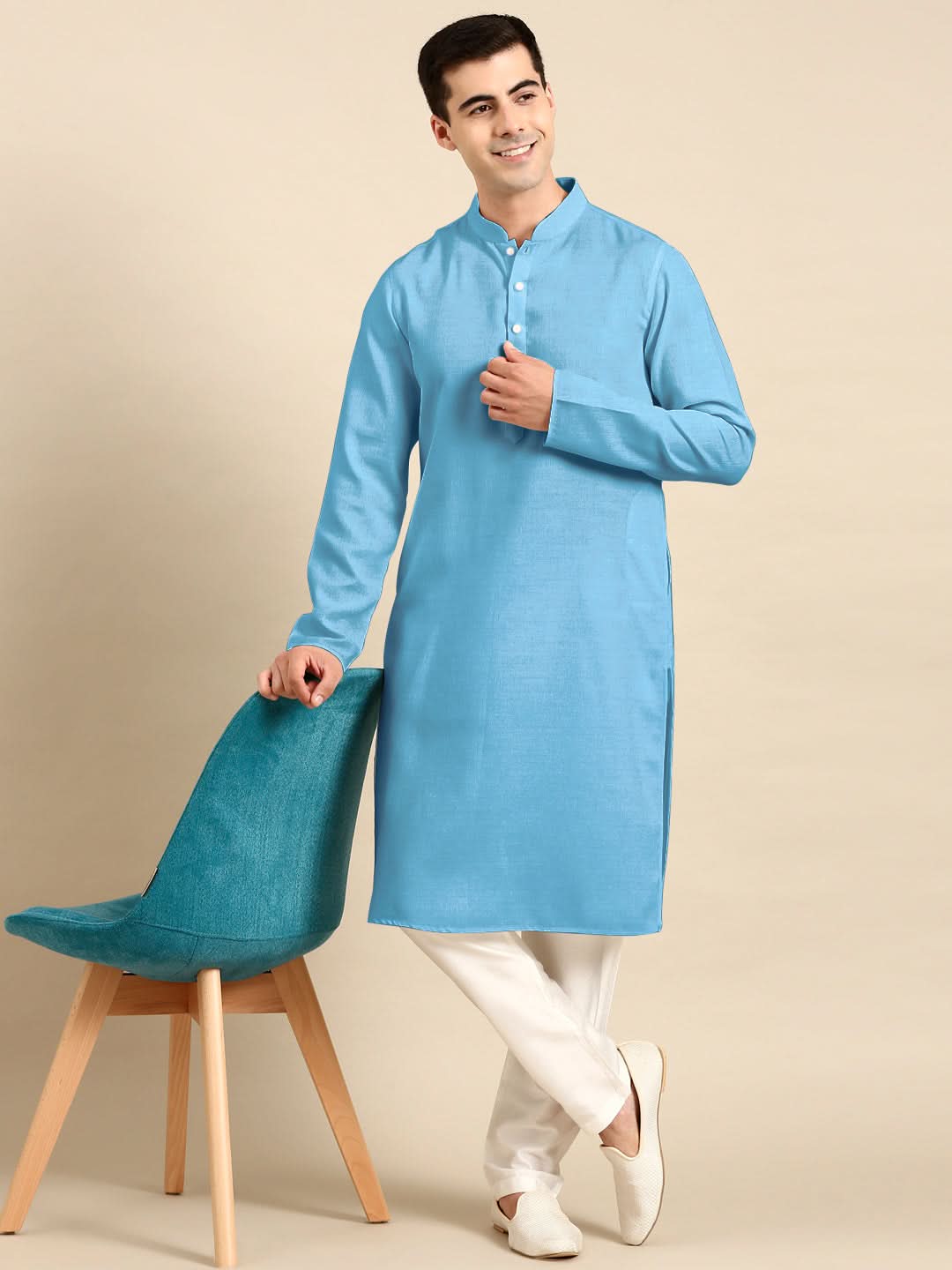 Blue Light Twill Weave Cotton Kurta Set