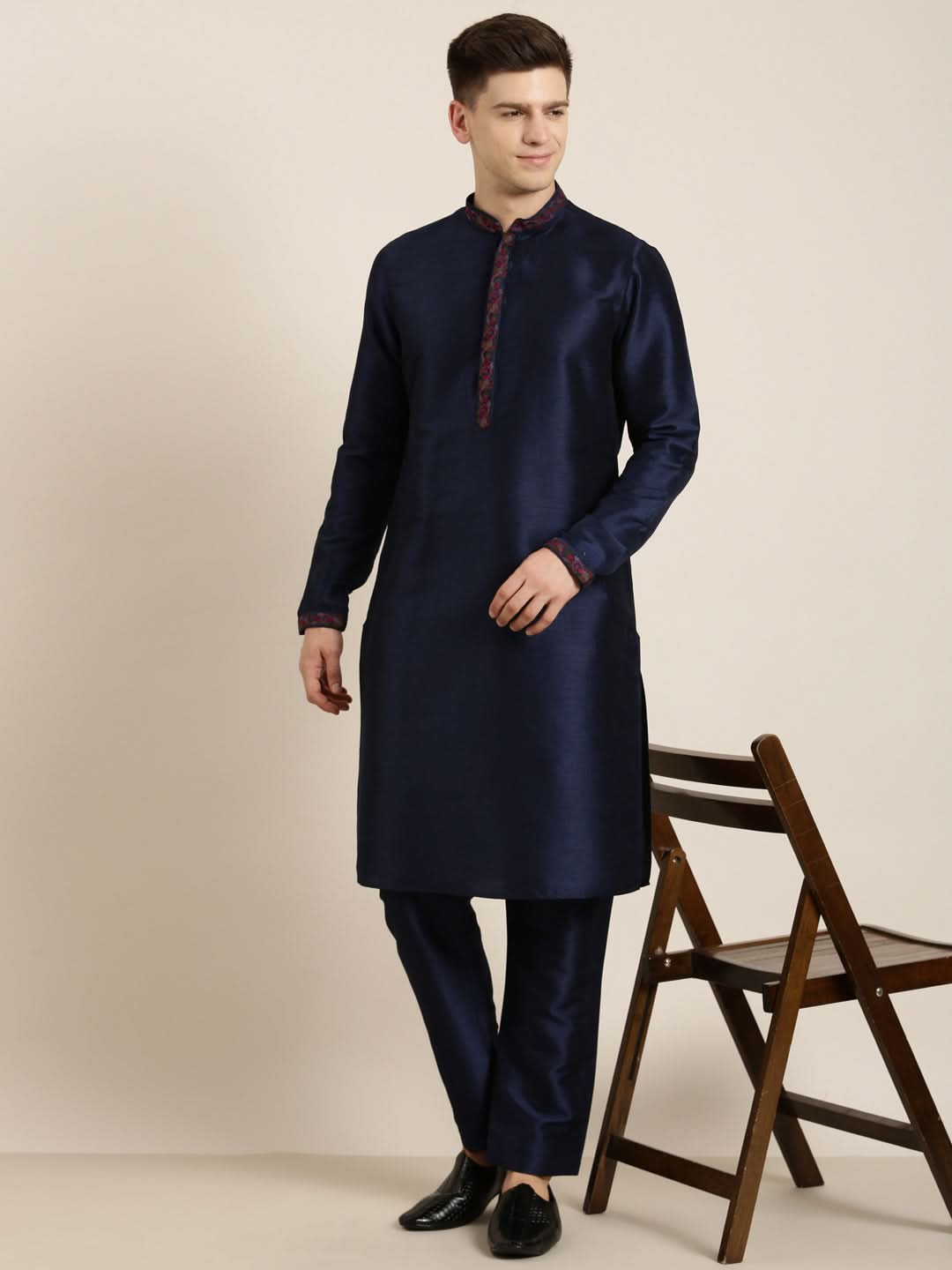 Navy Pashmina Embroidery Kurta Set