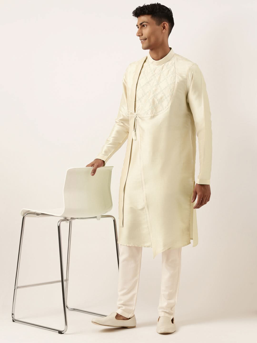 Light Gold Embroidery Angrakha Kurta Set