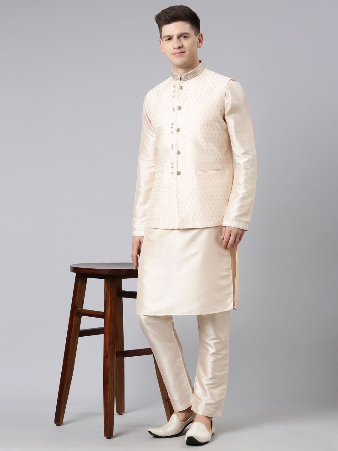 Light Pink Banarasi Jacquard Jacket Kurta Set