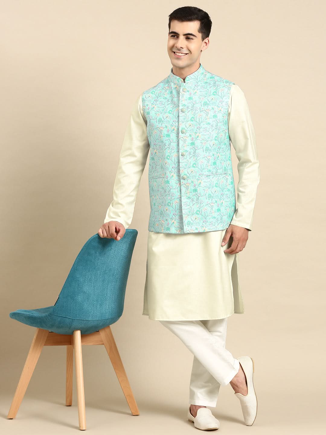 Light Pastel Blue Linen Jacket with Kurta Set