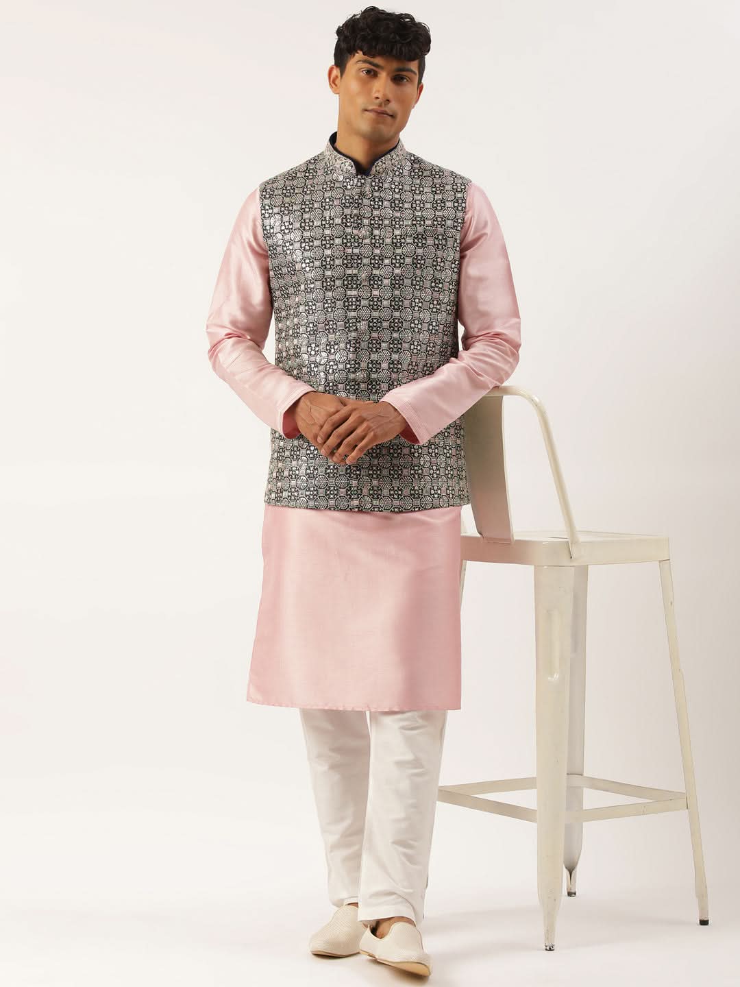 Navy Blue Embroidered Jacket Kurta Set