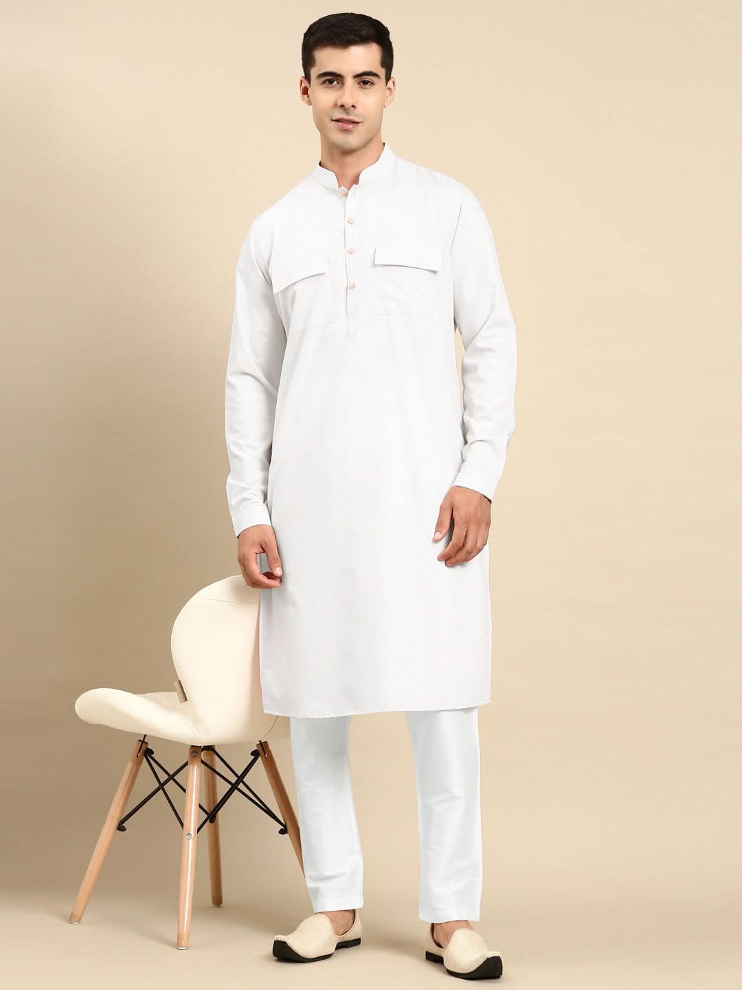 White Cotton Pathani Kurta Set with Patch pocket