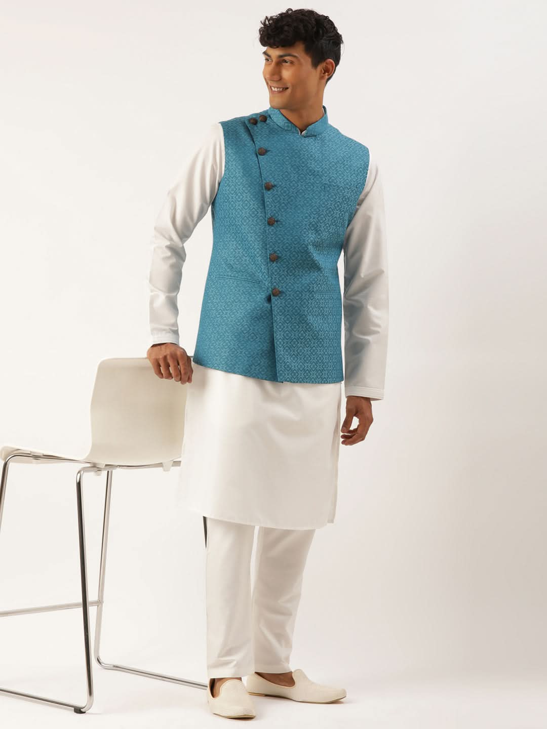 Teal Blue Cotton Jacket With White Kurta