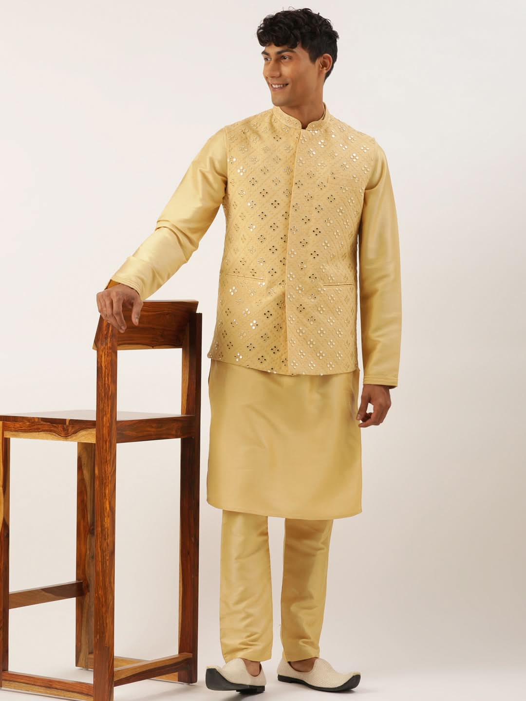 Beige Mirror Embroidered Jacket Kurta Set