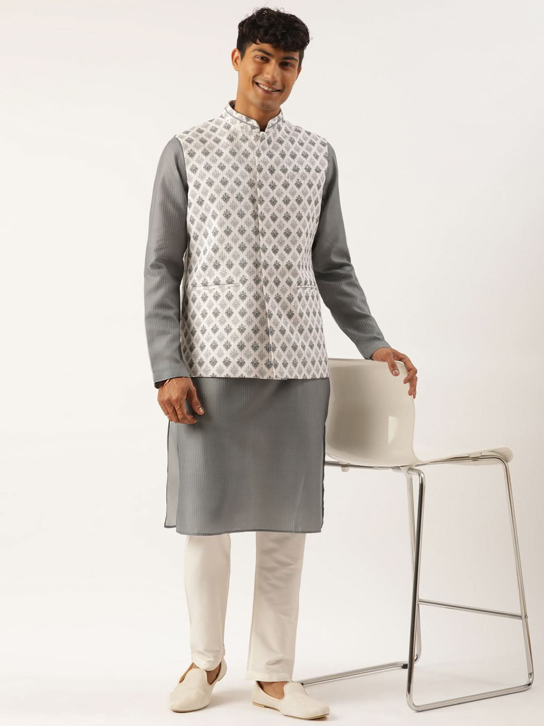 Grey Printed Jacket Kurta Set