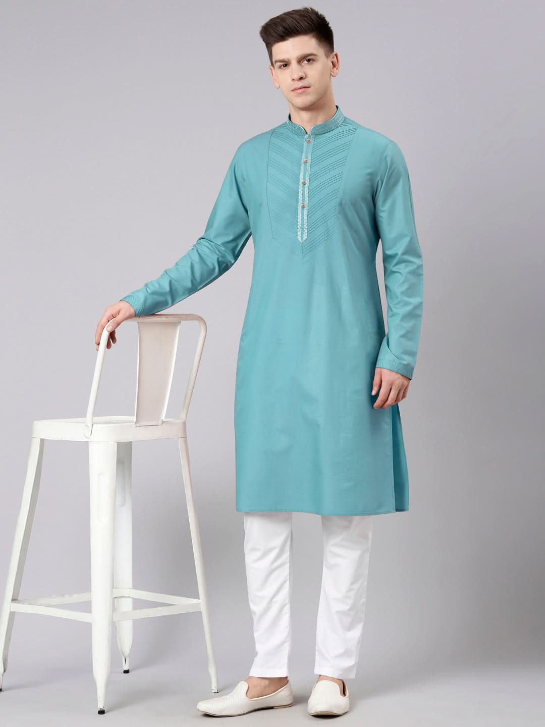 Teal Pleated Cotton Kurta Set