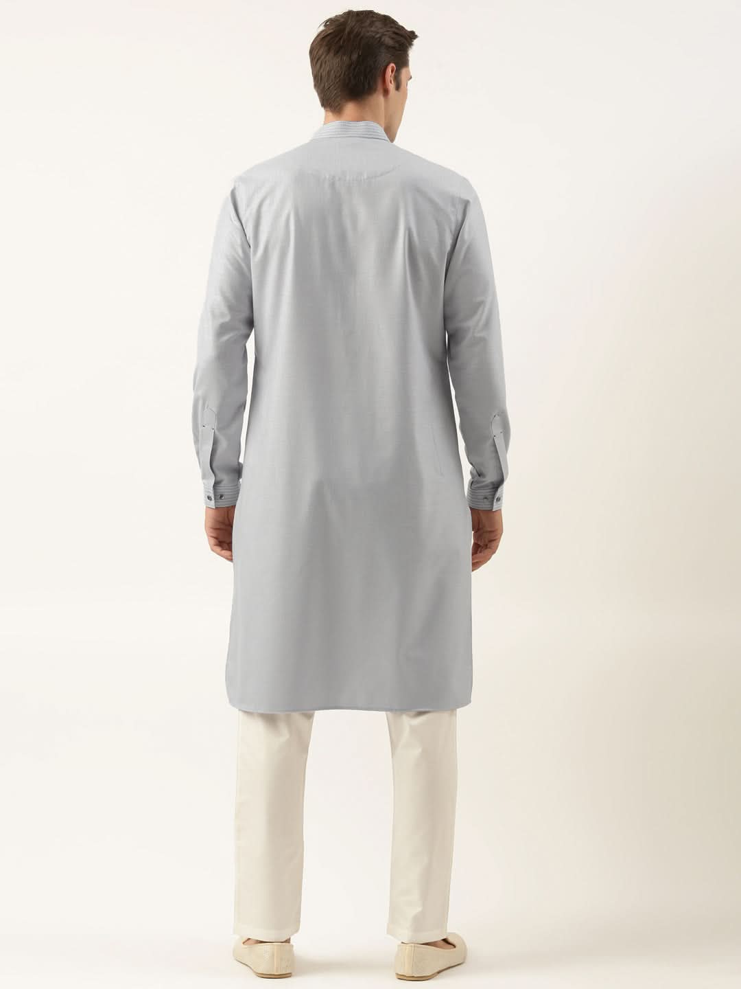 Grey Pure Cotton Pathani Kurta Set with Patch Pocket