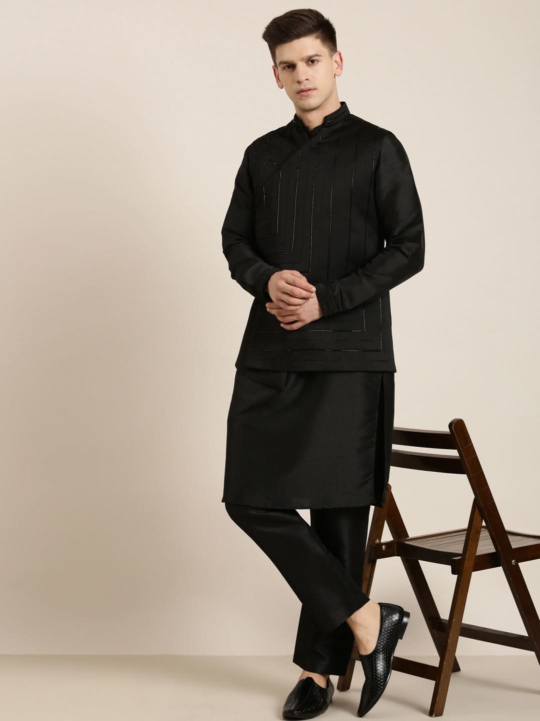 Black Angrakha Jacket Kurta Set