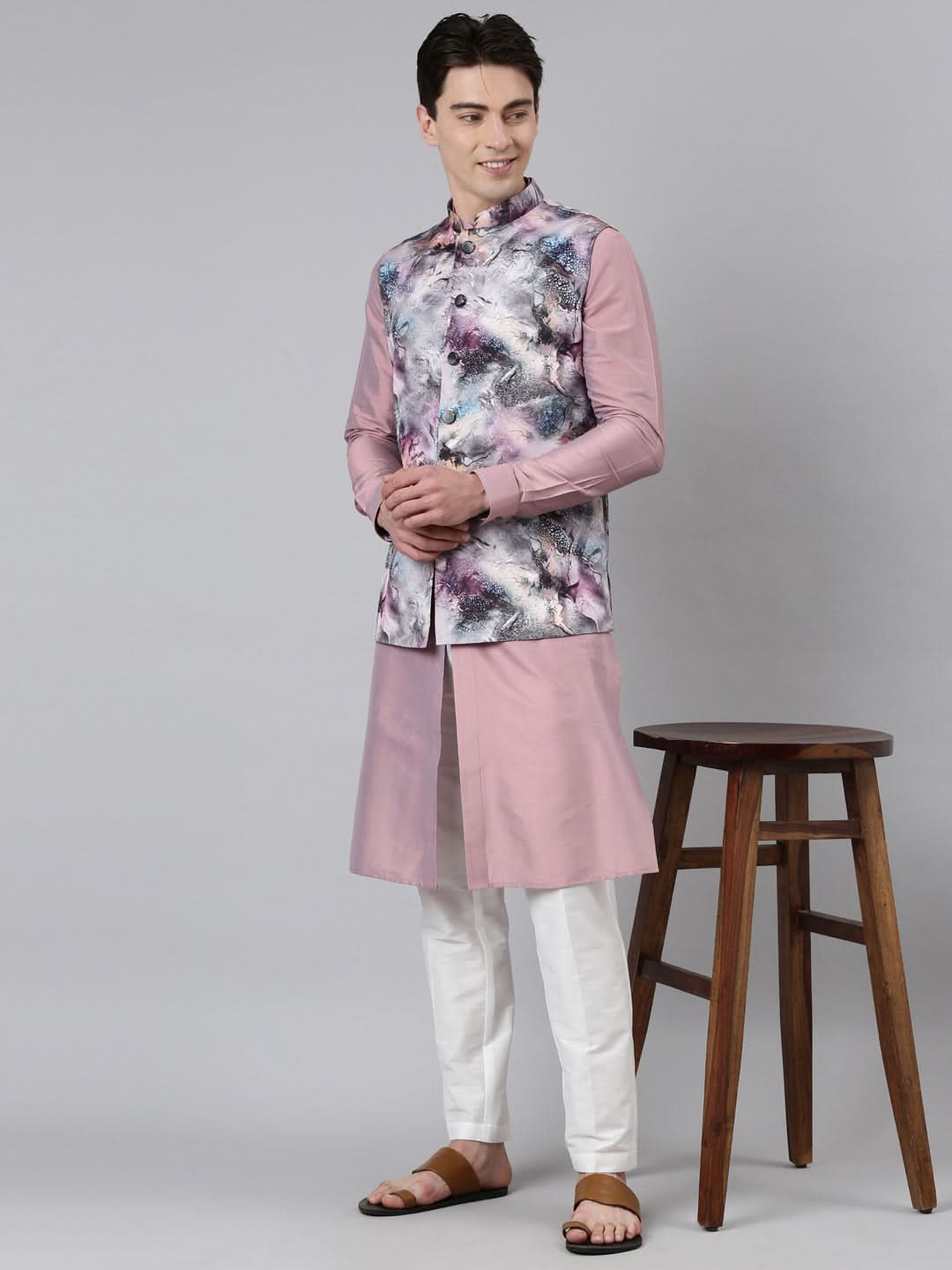 Pink Print Jacket With Open Kurta